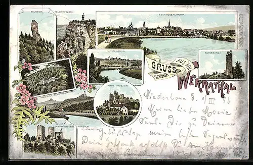 Lithographie Eschwege a. Werra, Bilstein, Teilansicht, Heldrafelsen, Meissner Schwalbenthal, Ruine Hanstein