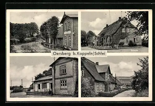 AK Oersberg bei Kappeln, Schule, Geschäftshaus W. Asmussen, Strassenpartie