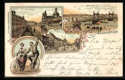 Lithographie Mannheim, Schillerplatz, Radfahrer auf Tandem, Neckarbrücke, Planken