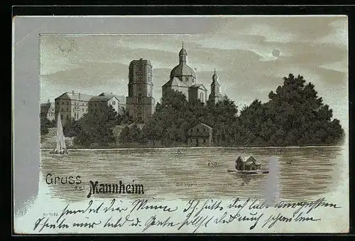 Mondschein-Lithographie Mannheim, Stadtpark mit Sternwarte, Entenhäuschen