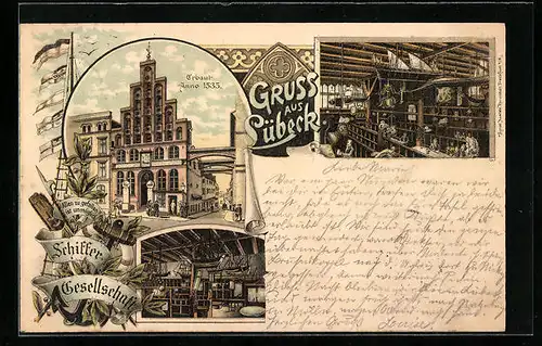 Lithographie Lübeck, Gasthaus Schiffergesellschaft, Fassade, Innenansicht