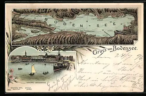 Lithographie Konstanz /Bodensee, Landungssteg, Panorama mit Rorschach, Ludwigshafen und Hagnau