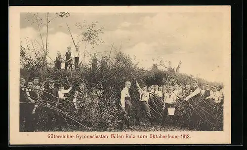 AK Gütersloh, Gymnasiasten fällen Holz zum Oktoberfeuer 1913