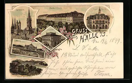 Lithographie Halle /Saale, Bahnhof, Franke-Stiftung, Universität