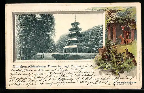 Passepartout-Lithographie München-Schwabing, Chinesicher Turm im engl. Garten
