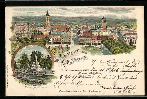 Lithographie Karlsruhe, Nymphen-Gruppe, Gesamtansicht der Stadt