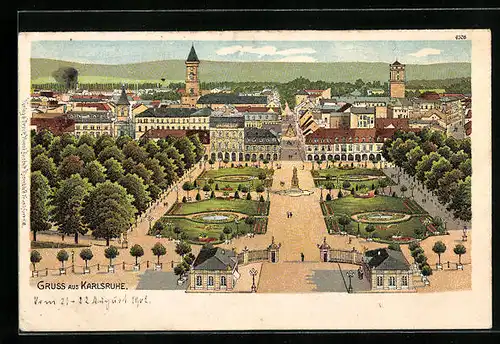 Lithographie Karlsruhe, Teilansicht mit Schlossgarten aus der Vogelschau