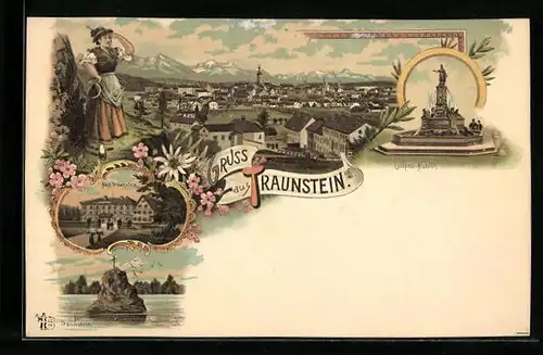 Lithographie Traunstein, Ortsansicht mit Luitpold-Brunnen und dem Traunstein