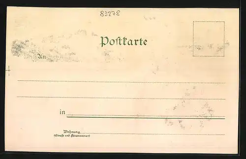 Lithographie Traunstein, Ortsansicht mit Luitpold-Brunnen und dem Traunstein