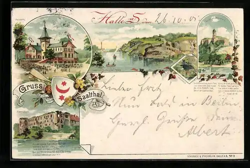 Lithographie Halle a. d. Saale, Gasthaus Peissnitz, Ruine Giebichenstein, Moritzburg, Wappen