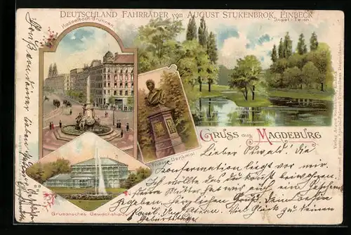 Lithographie Magdeburg, Grusonsches Gewächshaus, Hasselbach-Brunnen, Friesen-Denkmal