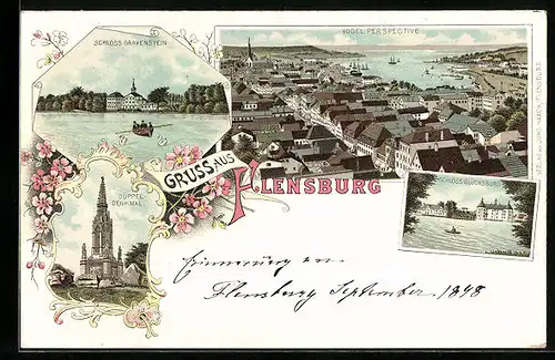 Lithographie Flensburg, Schloss Gravenstein, Düppel-Denkmal, Schloss Glücksburg