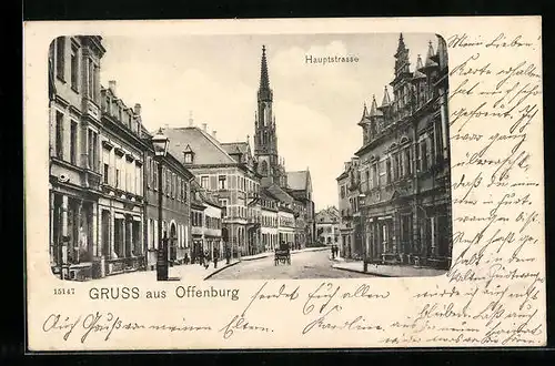 AK Offenburg, Hauptstrasse mit Blick zum Kirchturm