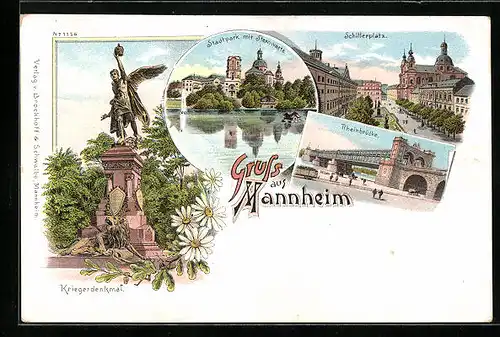 Lithographie Mannheim, Rheinbrücke, Kriegerdenkmal, Schillerplatz