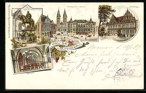 Lithographie Bremen, Kaiser Wilhelm I . Denkmal, Ratskeller, Gewerbehaus, Rathaus, Dom und Börse