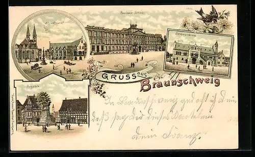Lithographie Braunschweig, Residenz-Schloss, Dankwarderode, Burgplatz