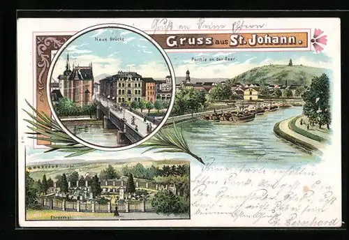 Lithographie St. Johann, Ehrental, Partie an der Saar, Neue Brücke