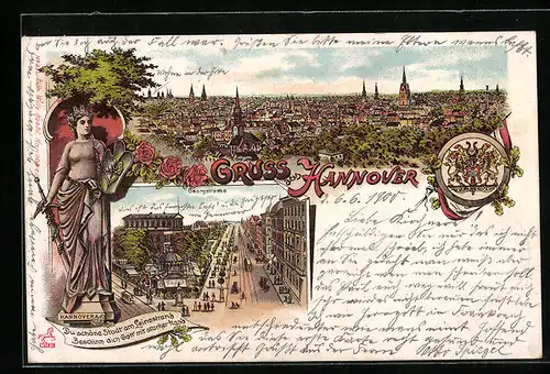 Lithographie Hannover, Georgstrasse mit Cafe Kröpcke, Stadt-Panorama