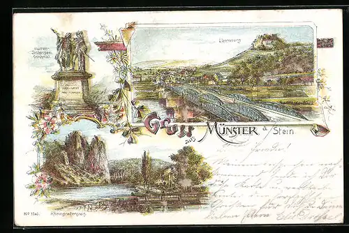 Lithographie Münster a. Stein, Hutten-Sickingen-Denkmal, Rheingrafenstein