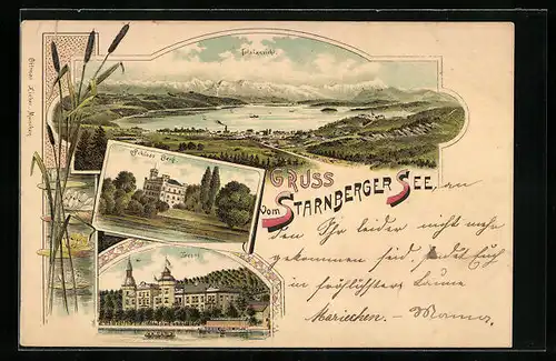 Lithographie Starnberg, Starnberger See, Schloss Berg, Leoni