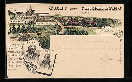 Lithographie Maxen, Restaurant Finckenfang, v. Daun, v. Finck