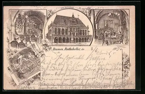 Vorläufer-Lithographie Bremen, Das Rathhaus, Gasthaus Rathskeller, 1893