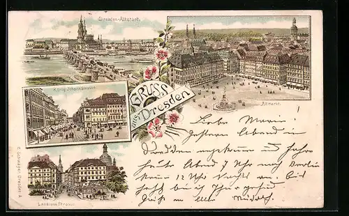 Vorläufer-Lithographie Dresden-Altstadt, Altmarkt, König Johannstrasse, Landhausstrasse, 1895
