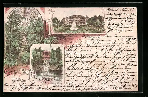 Vorläufer-Lithographie Frankfurt-Westend, Partien im Palmengarten, Gewächshaus, Wasserfall, 1891