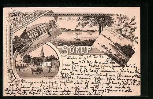 Lithographie Sörup, Bahnhofshotel, Strandparthie von Sudensee, Kirche