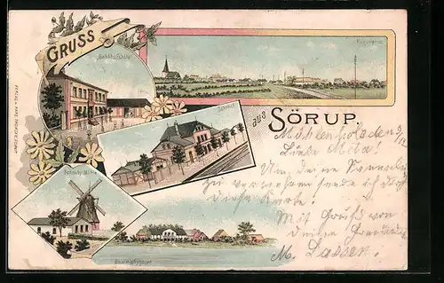 Lithographie Sörup, Bahnhofshotel, Panorama, Schauby-Mühle, Bahnhof