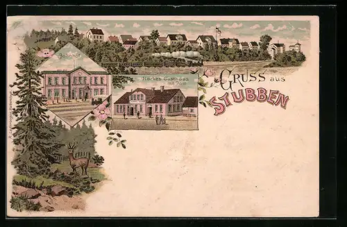 Lithographie Stubben, Harkes Gasthaus mit Post, Bahnhof, Totalansicht