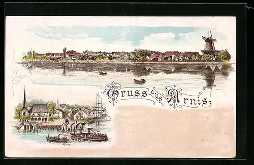 Lithographie Arnis, Totalansicht des Ortes, Uferpartie