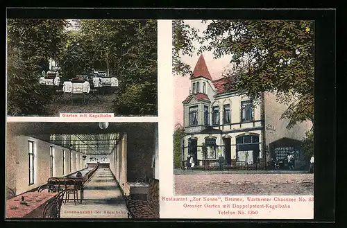AK Bremen, Restaurant Zur Sonne, Warturmer Chaussee No. 83, Garten mit Kegelbahn