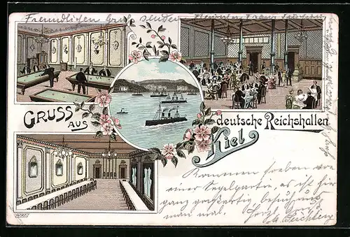 Lithographie Kiel, Restaurant Deutsche Reichshallen, Billardzimmer, Saal