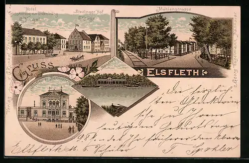 Lithographie Elsfleth, Mühlenstrasse, Hotel Grossherzog von Oldenburg, Stedinger Hof, Bahnhof