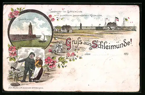 Lithographie Schleimünde, Leuchtthurm, Totalansicht, Lootsenstation, Kurpavillon