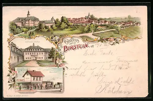 Lithographie Birstein, Totalansicht, Schloss-Portal, Bahnhof