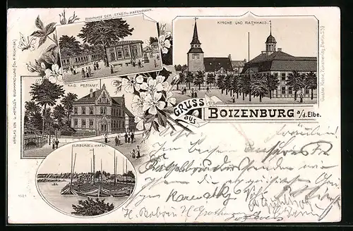 Lithographie Boizenburg a. d. Elbe, Bahnhof der Stadt- und Hafenbahn, Kirche und Rathaus, Elbberge und Hafen