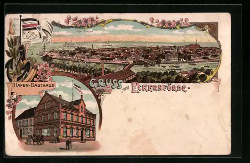 Lithographie Eckernförde, Hafen-Gasthaus, Totalansicht, Reichskriegsflagge