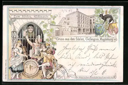Lithographie Magdeburg, Gasthaus Zum fidelen Gefängnis, Wappen