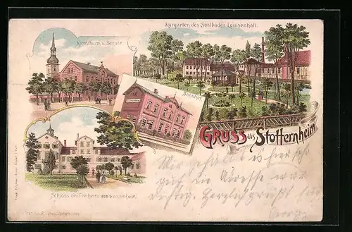 Lithographie Stotternheim, Bahnhof, Kurgarten des Soolbades Louisenhall