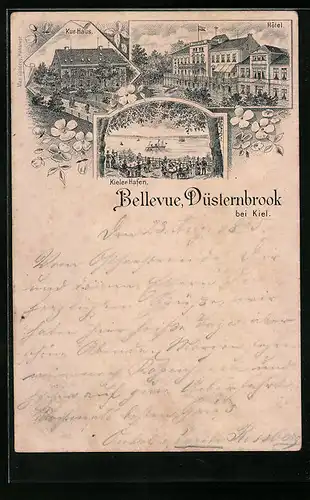 Lithographie Düsternbrook bei Kiel, Hotel Bellevue, Kur-Haus, Hafen