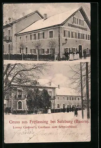 AK Freilassing, Lorenz Gammel`s Gasthaus zum Schmiedhäusl im Winter