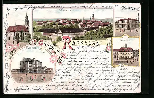 Lithographie Radeburg, Totalansicht, Schule mit Turnhalle