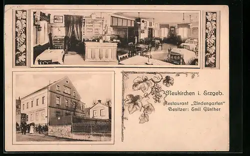 AK Neukirchen /Erzgeb., Restaurant Lindengarten, Strassen- und Innenansicht