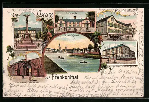 Lithographie Frankenthal, Erkenbeck Museum, Taubstummen-Anstalt, Turnhalle, Rheinkanal