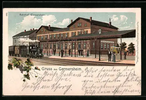 Lithographie Germersheim, Bahnhof mit Zug, Bahnsteig, Reisenden und Kutsche Hotel Samen