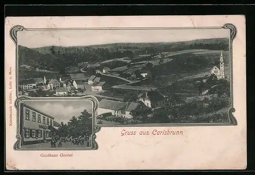 AK Carlsbrunn, Ortsansicht mit Umgebung und Kirche, Gasthaus Goebel