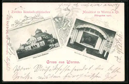 AK Worms, Musikfest 1901, Spiel- und Festhaus, Gebäude und Innenansicht