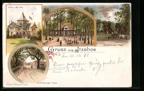 Lithographie Itzehoe, Villa de Vos, Gasthäuser Breitenburger Fähre und Amonenhöhe